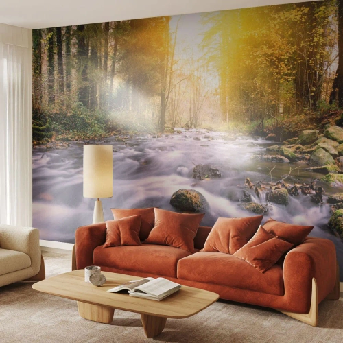 Fotomurali Standard Eco - Malachite in cornice oro-argento - Paesaggio, Ruscello di montagna, foresta - 250x175 cm