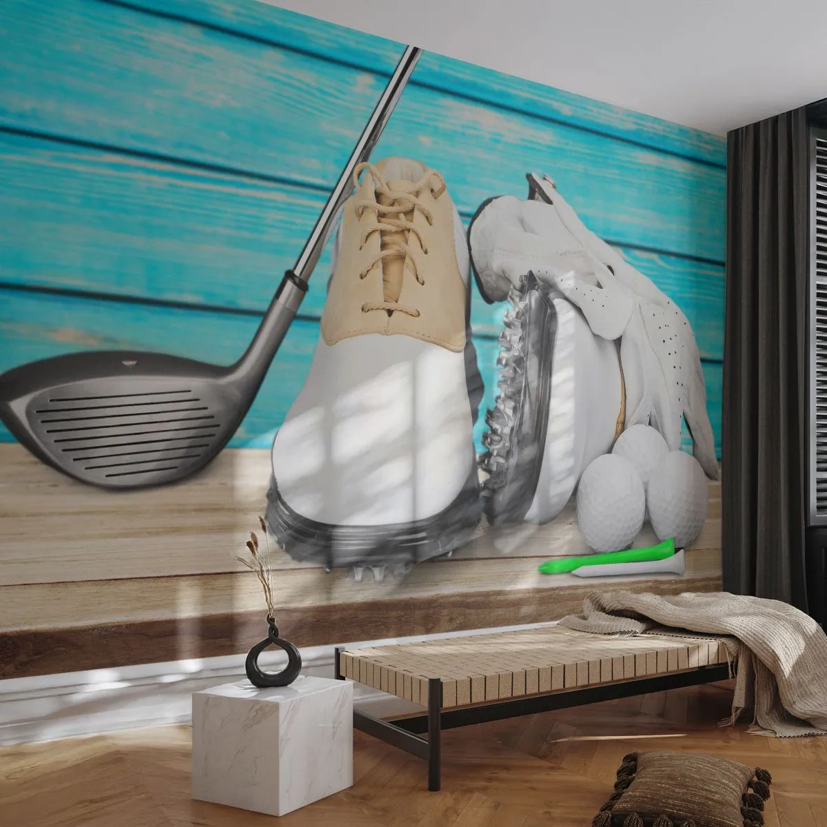Fotomurali Premium Sand - Un set di accessori da golf su un tavolo di legno - 100x70cm - Tutto è pronto - Decorazione murale moderna per soggiorno e camera da letto ARTTOR