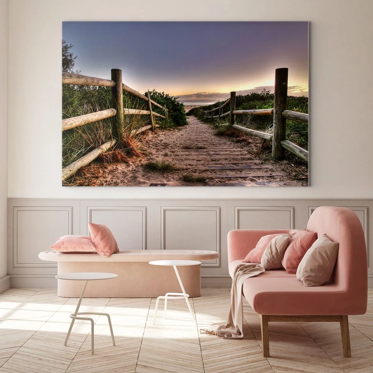 Quadro su vetro - Sentiero per la spiaggia al tramonto - 120x80cm - Già si vede la meta - Decorazione murale moderna per soggiorno e camera da letto ARTTOR