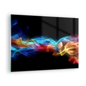 Quadro su vetro - Striature di fumo colorate su uno sfondo nero creano un motivo astratto - 70x50cm - La danza arcobaleno delle nebbie - Decorazione murale moderna per soggiorno e camera da letto ARTTOR