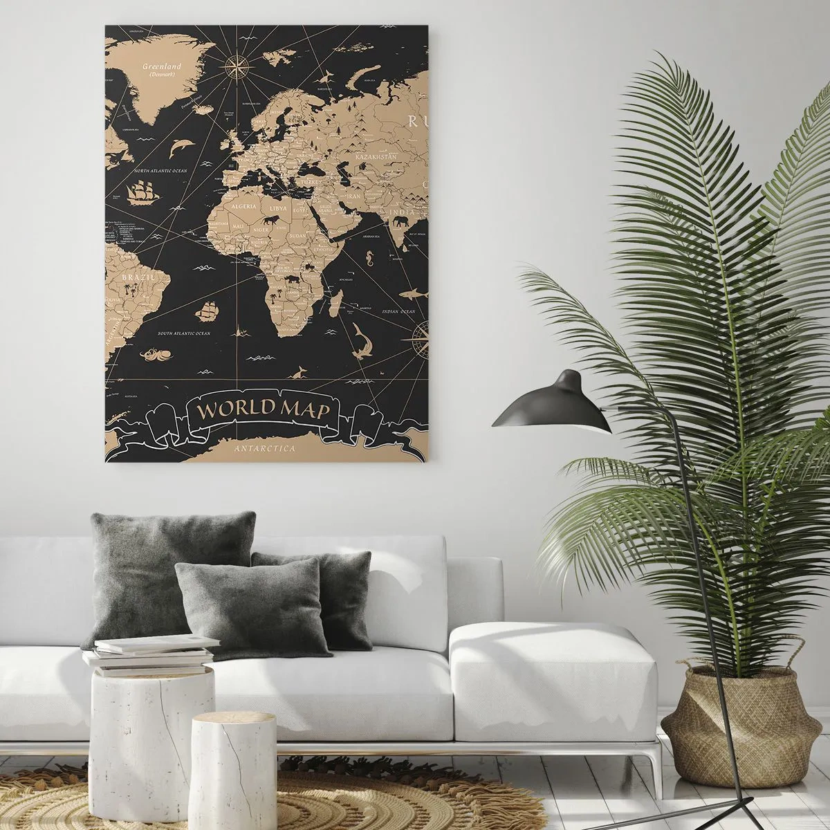 Quadro su vetro - Mappa del mondo stilizzata nei toni del beige e del nero - 50x70cm - I confini del mio mondo - Decorazione murale moderna per soggiorno e camera da letto ARTTOR