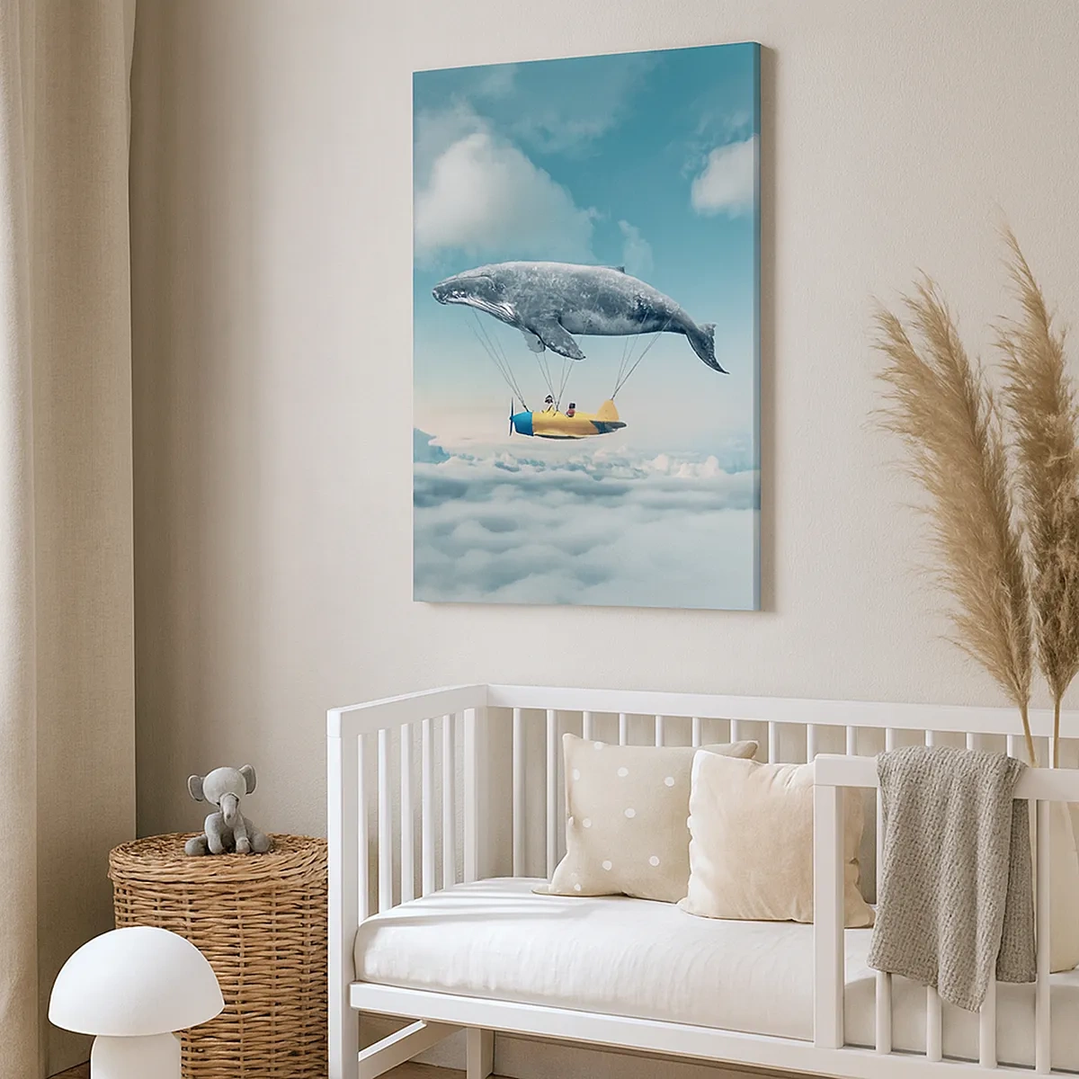 Quadro su tela - Stampe su Tela - Una balena volante trasporta un aereo in un'ambientazione surreale. - 50x70cm - Perché no? - Decorazione murale moderna per soggiorno e camera da letto ARTTOR