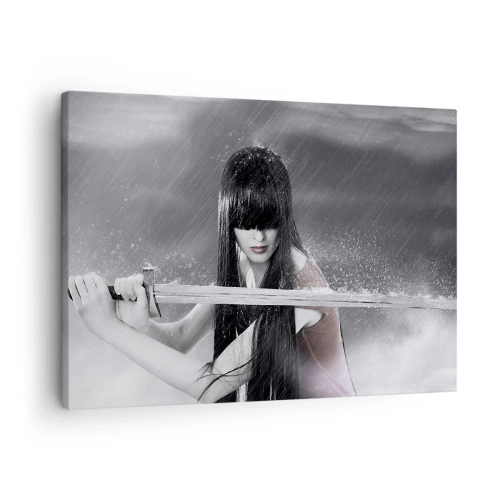 Quadro su tela - Stampe su Tela - Una donna con una spada sotto la pioggia dall'aspetto dinamico e misterioso - 70x50cm - Bella e pericolosa - Decorazione murale moderna per soggiorno e camera da letto ARTTOR