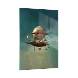 Quadro su vetro - Un dirigibile volante con una casa in stile retrò nel cielo - 50x70cm - Saluti da Jules Verne - Decorazione murale moderna per soggiorno e camera da letto ARTTOR