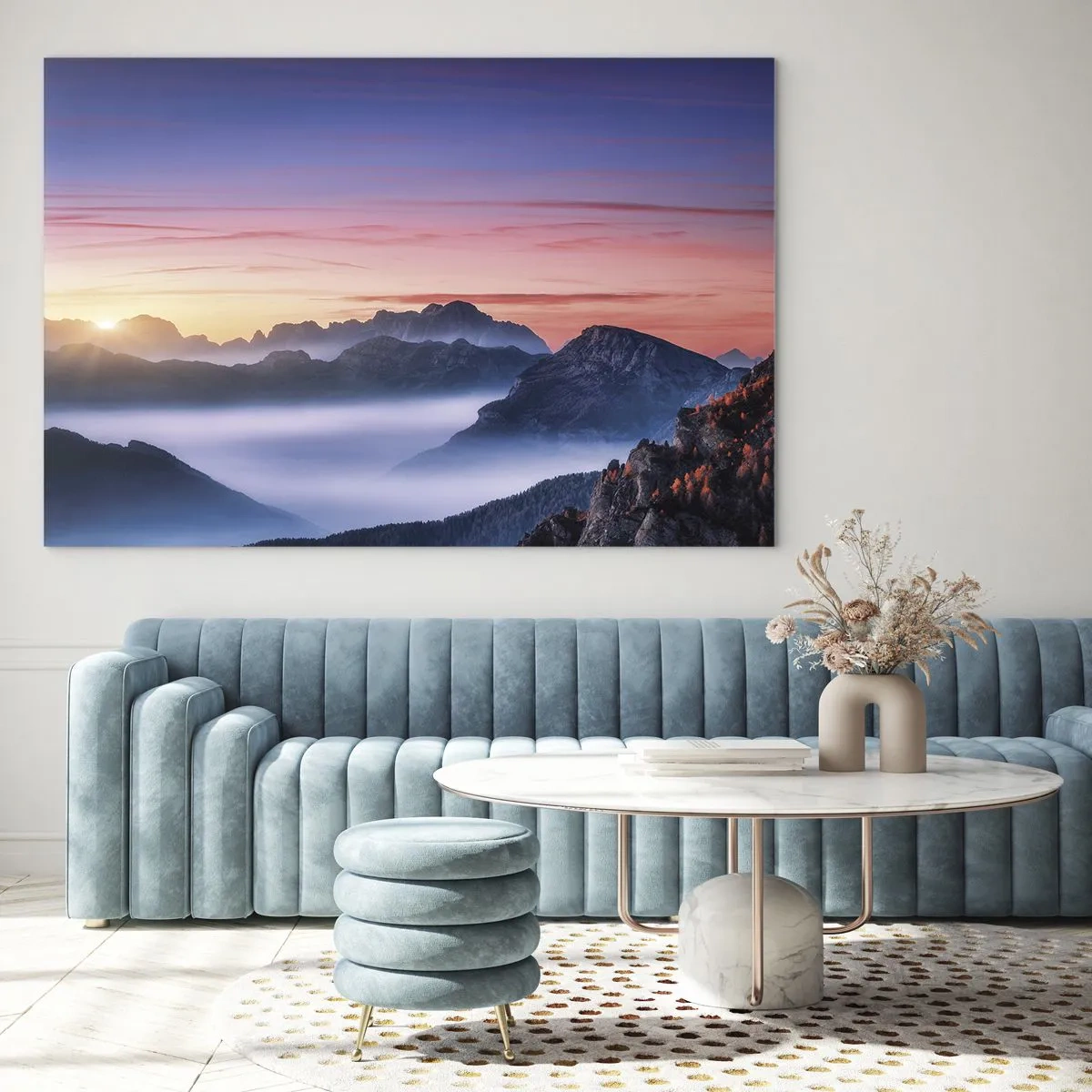 Quadro su vetro - Un'alba pittoresca sul paesaggio montano - 100x70cm - Sopra le valli - Decorazione murale moderna per soggiorno e camera da letto ARTTOR