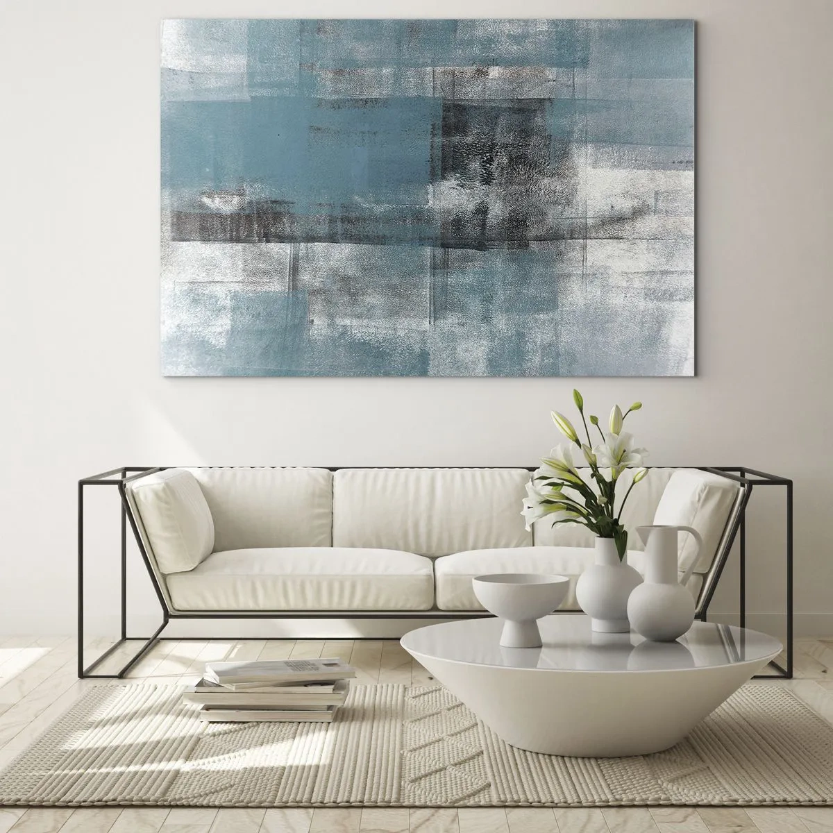 Quadro su vetro - Astrazione nei toni del blu e del grigio con forme geometriche - 100x70cm - Acqua e aria - Decorazione murale moderna per soggiorno e camera da letto ARTTOR