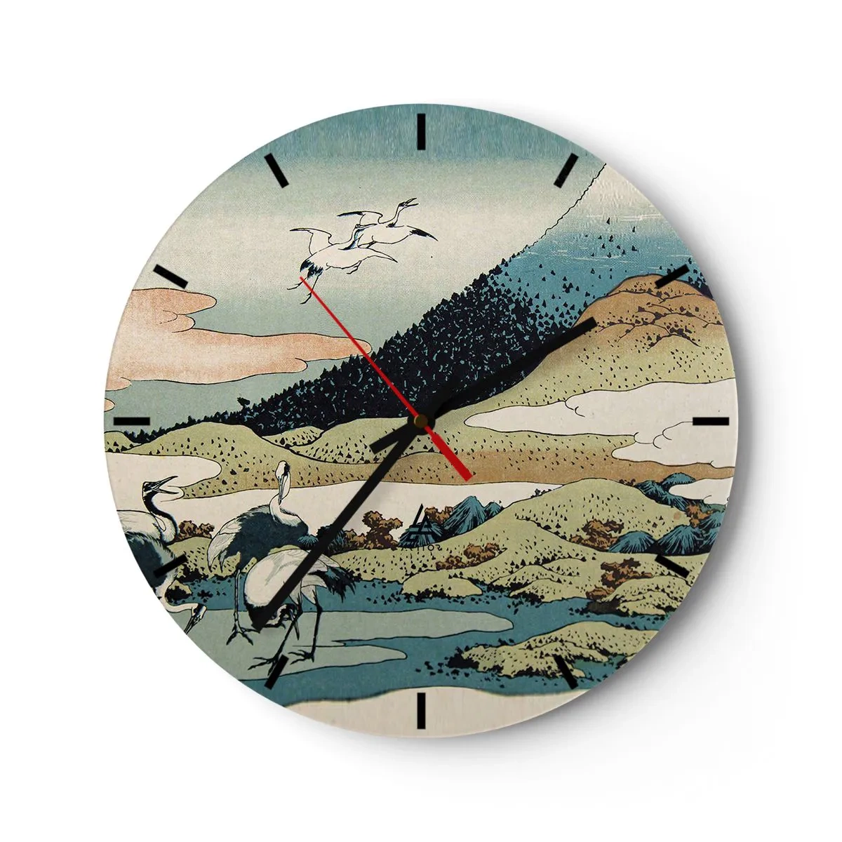 Orologio da parete - Orologio in Vetro - Scena giapponese con uccelli sullo sfondo di un paesaggio montano - 30x30cm - Nello spirito giapponese - Decorazione murale moderna per soggiorno, cucina e camera da letto ARTTOR