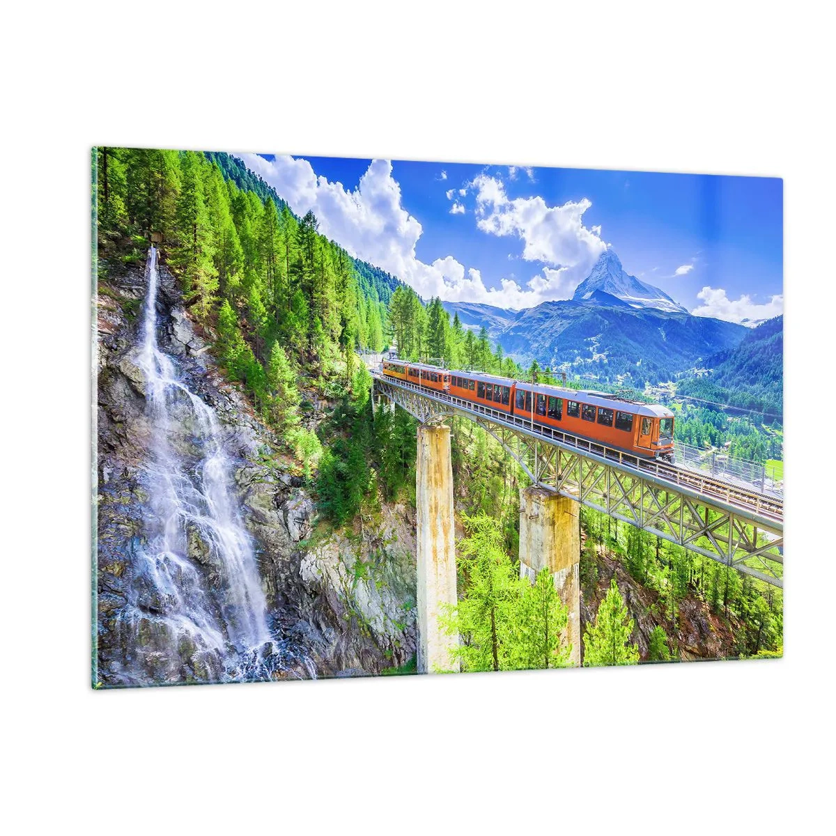Quadro su vetro - Treno alpino su un ponte che domina una cascata - 120x80cm - Ferrovia alpina - Decorazione murale moderna per soggiorno e camera da letto ARTTOR