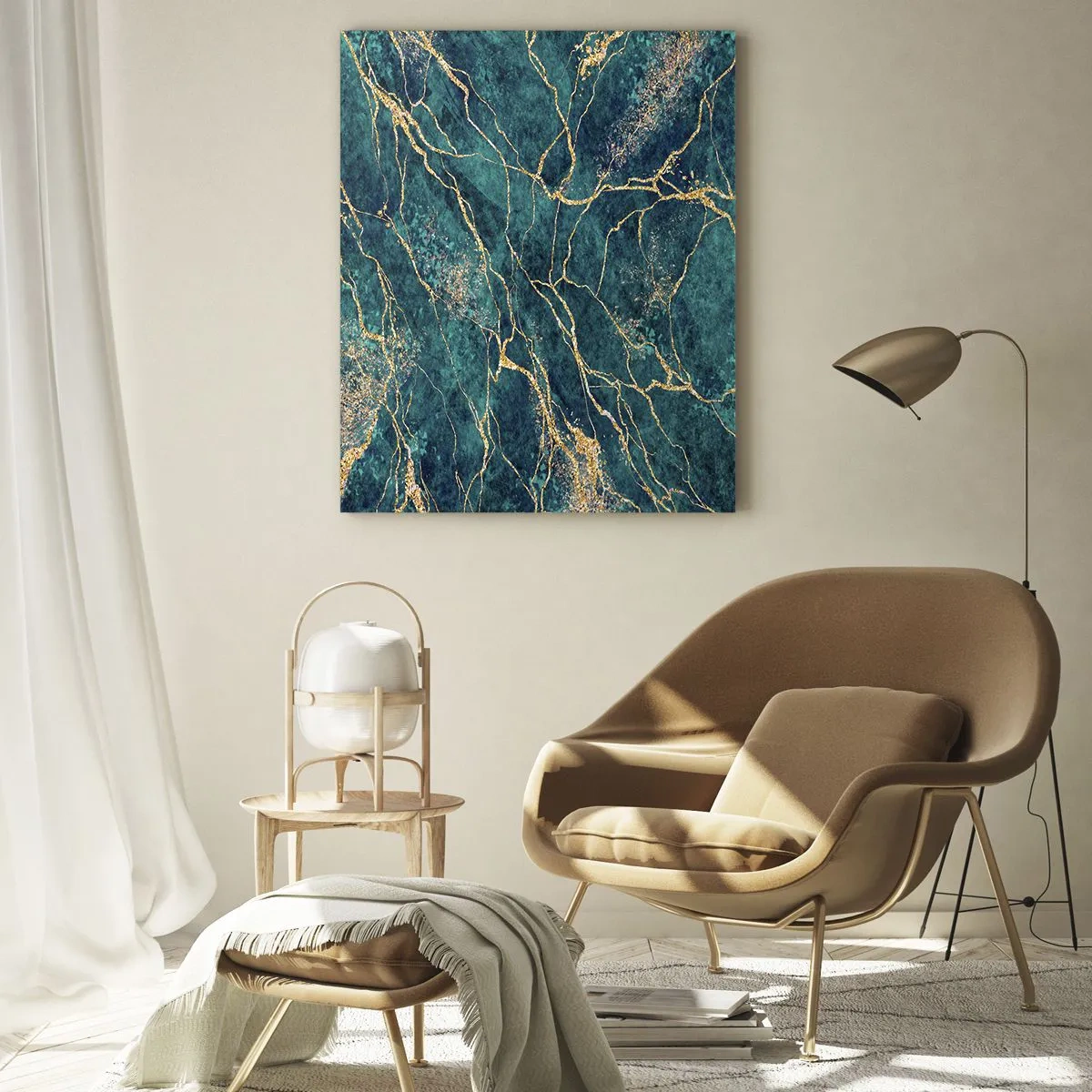 Quadro su vetro - Motivo marmoreo strutturato nelle tonalità del turchese e dell'oro - 80x120cm - La vena d'oro - Decorazione murale moderna per soggiorno e camera da letto ARTTOR