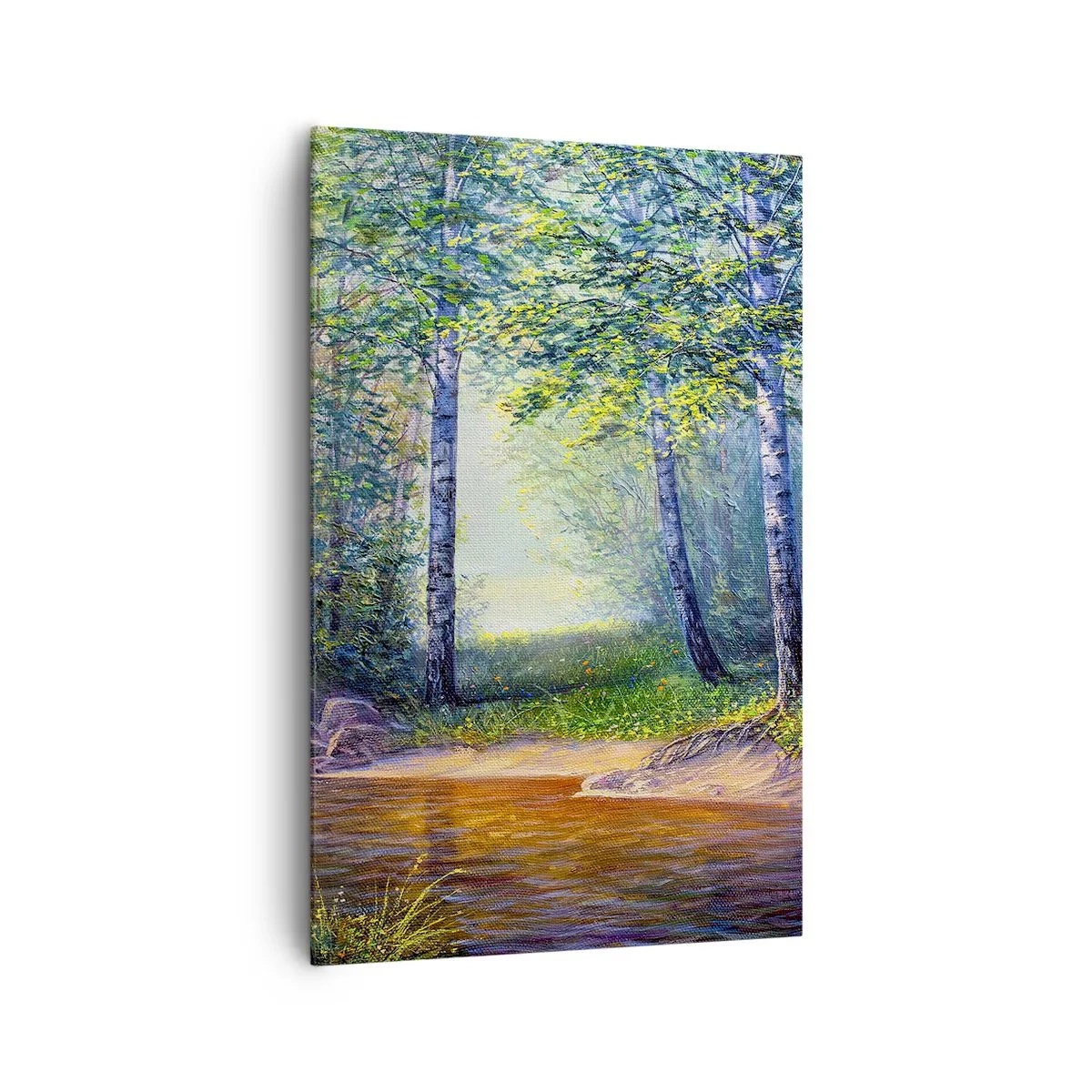 Quadro su tela - Stampe su Tela - Un ruscello nella foresta circondato da betulle e sole - 80x120cm - Scena di beatitudine - Decorazione murale moderna per soggiorno e camera da letto ARTTOR