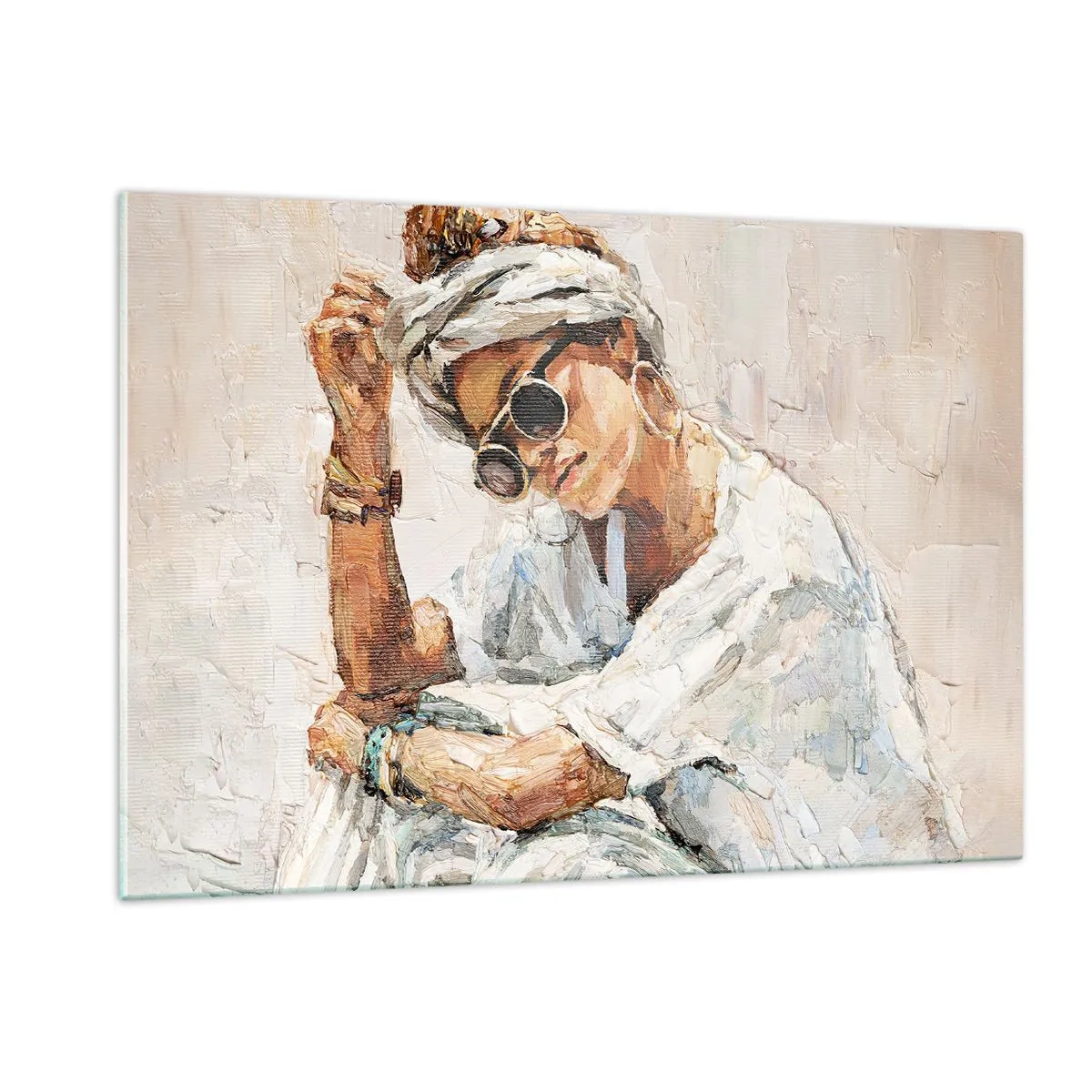 Quadro su vetro - Ritratto di donna con occhiali e turbante dipinto con una spatola - 120x80cm - Ritratto in pieno sole - Decorazione murale moderna per soggiorno e camera da letto ARTTOR