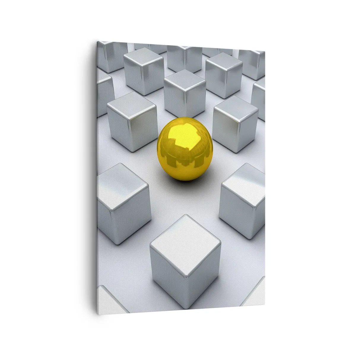 Quadro su tela - Stampe su Tela - Una sfera dorata che spicca tra i cubi d'argento - 70x100cm - Perché io? Composizione geometrica - Decorazione murale moderna per soggiorno e camera da letto ARTTOR