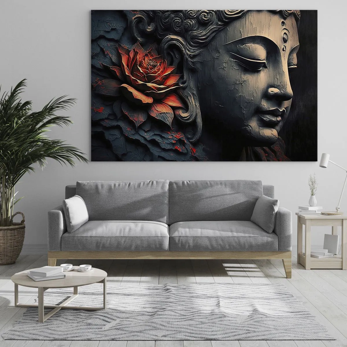 Quadro su vetro - Profilo di una figura in meditazione con un fiore rosso su uno sfondo scuro. - 70x50cm - In armonia con il mondo - Decorazione murale moderna per soggiorno e camera da letto ARTTOR