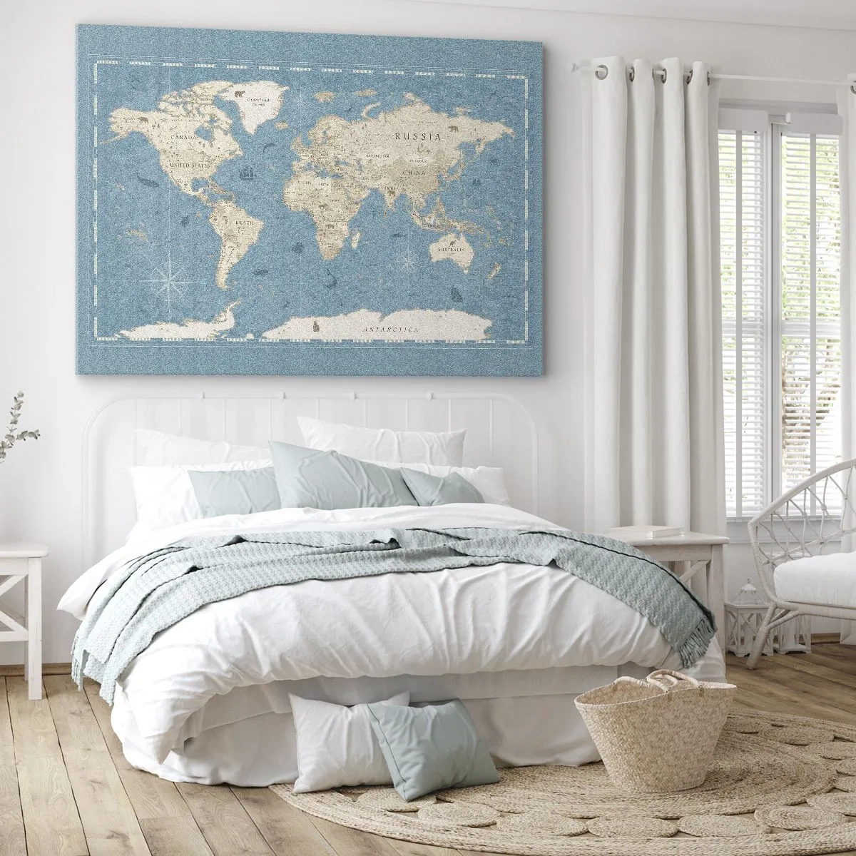 Quadro su tela - Stampe su Tela - Mappa del mondo decorativa nei toni del blu e del beige - 70x50cm - Il mondo a portata di mano - Decorazione murale moderna per soggiorno e camera da letto ARTTOR