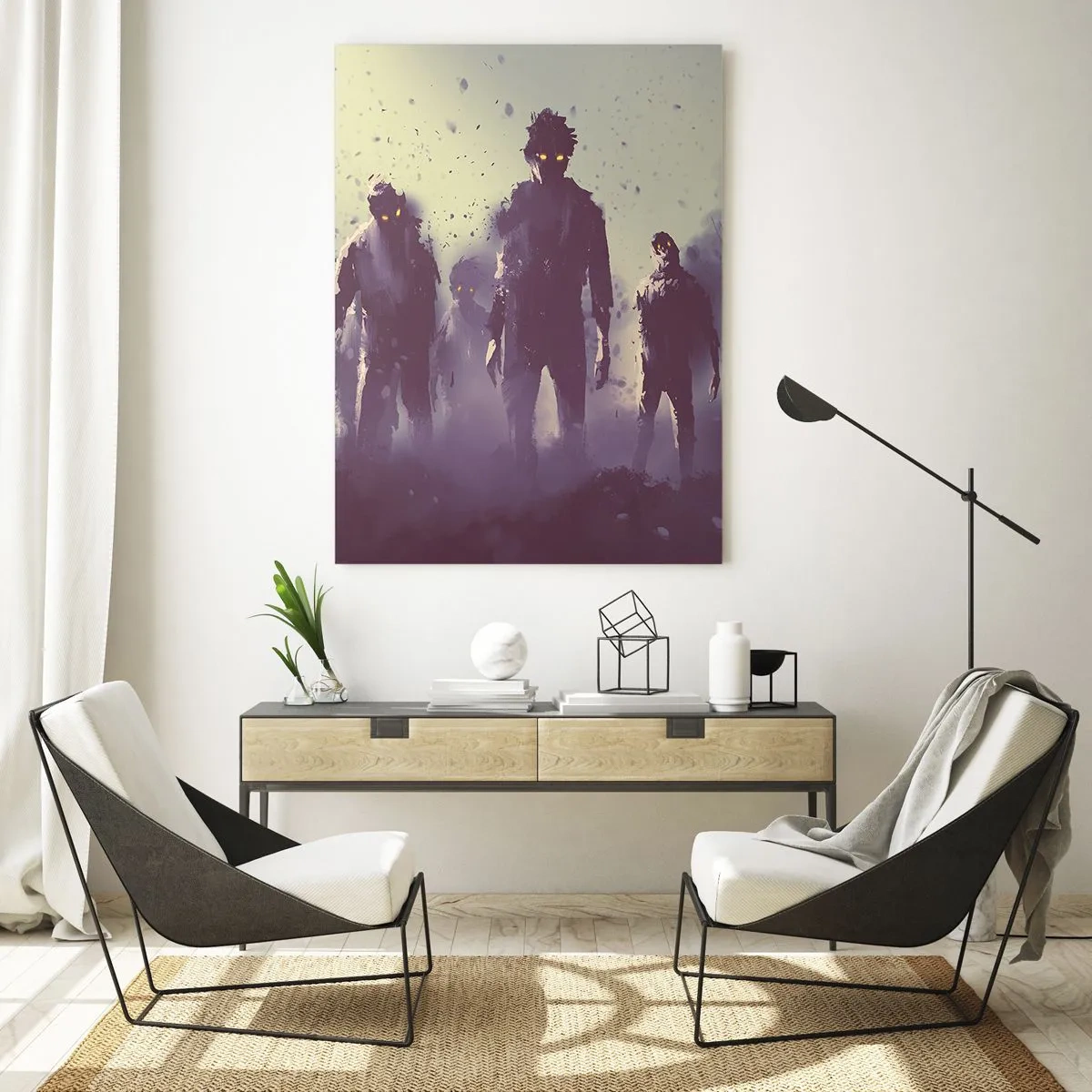 Quadro su vetro - Un'illustrazione scura di un gruppo di figure nella nebbia - 50x70cm - Attenzione! Arrivano - Decorazione murale moderna per soggiorno e camera da letto ARTTOR