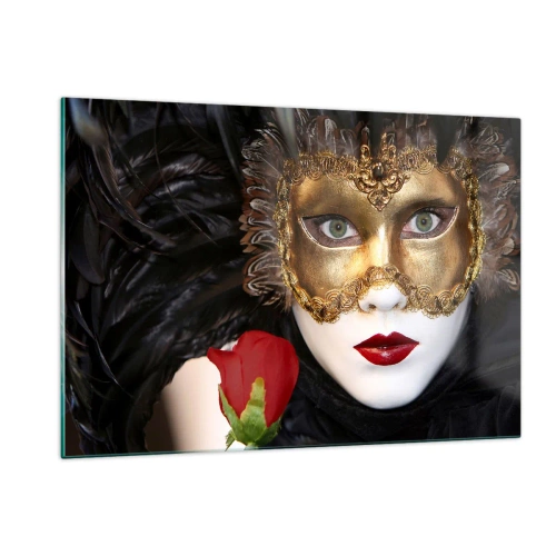 Quadro su vetro - Maschera di carnevale con una rosa rossa - 120x80cm - Perché la vita è un grande ballo - Decorazione murale moderna per soggiorno e camera da letto ARTTOR
