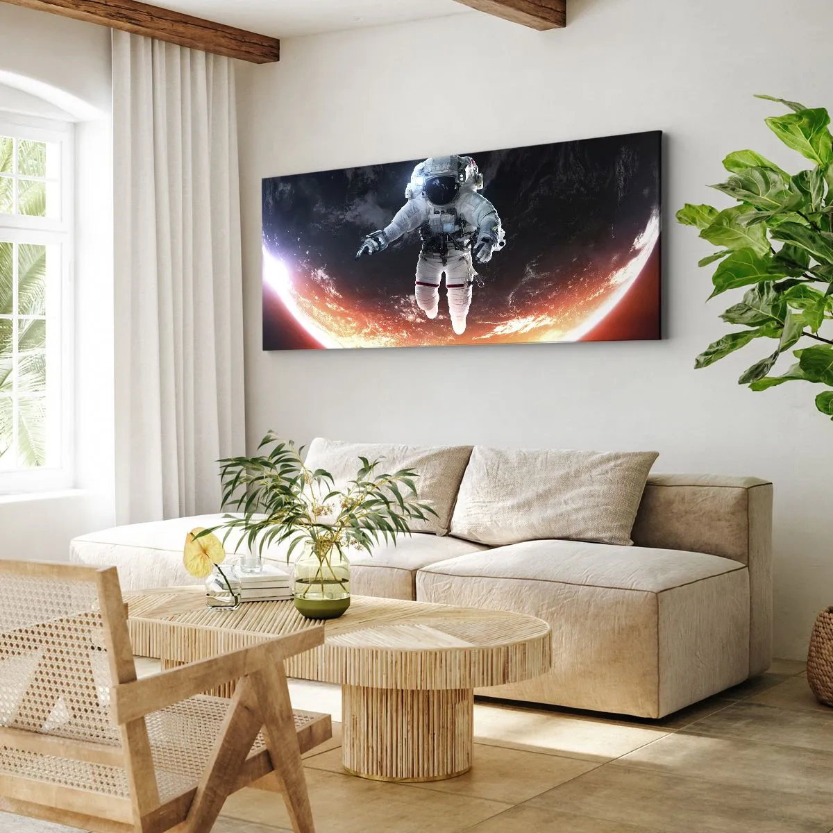 Quadro su tela - Stampe su Tela - Un astronauta che fluttua sopra una Terra illuminata dal sole - 140x50cm - Posso restare ancora un po'? - Decorazione murale moderna per soggiorno e camera da letto ARTTOR