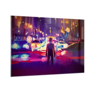 Quadro su vetro - Una figura in una colorata luce notturna cittadina in stile futuristico - 100x70cm - Immerso nella luce - Decorazione murale moderna per soggiorno e camera da letto ARTTOR