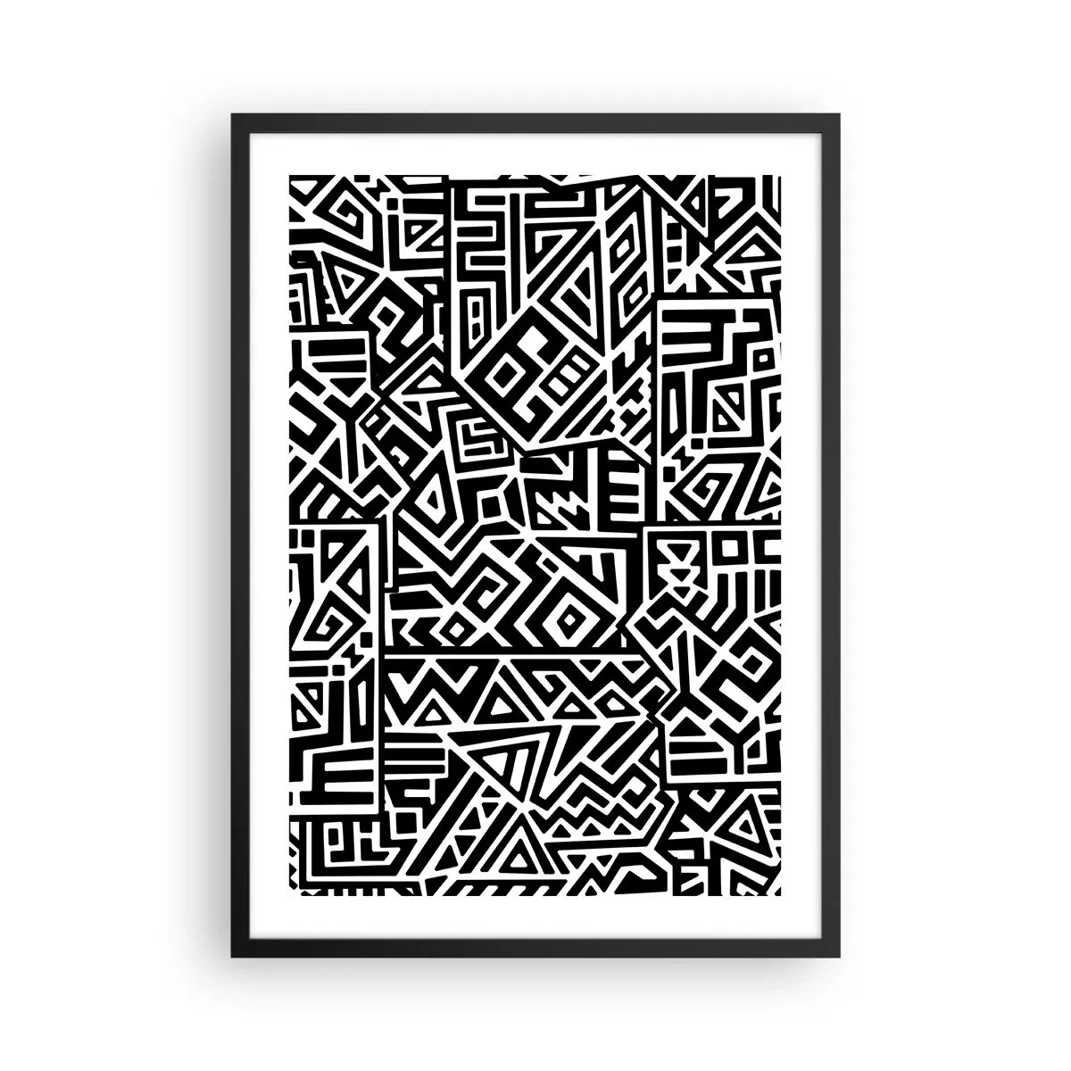 Poster in cornice nera - Motivo geometrico in bianco e nero in stile artistico - 50x70cm - Composizione precolombiana - Decorazione murale moderna per soggiorno e camera da letto ARTTOR