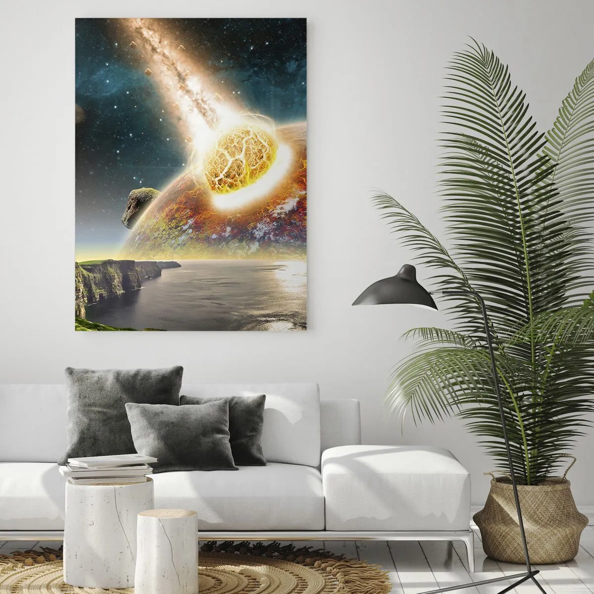 Quadro su vetro - Un meteorite si scontra con un pianeta in un paesaggio cosmico. - 80x120cm - Dramma cosmico - Decorazione murale moderna per soggiorno e camera da letto ARTTOR