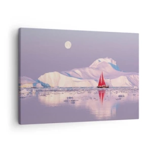 Quadro su tela - Stampe su Tela - Una vela rossa sullo sfondo di montagne ghiacciate e una luna piena. - 70x50cm - Calore della vela, gelo del ghiaccio - Decorazione murale moderna per soggiorno e camera da letto ARTTOR