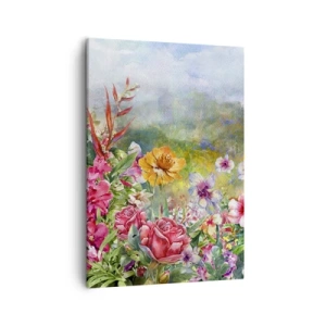 Quadro su tela - Stampe su Tela - Una composizione colorata di fiori su uno sfondo paesaggistico color pastello - 50x70cm - Il giardino impazzito - Decorazione murale moderna per soggiorno e camera da letto ARTTOR