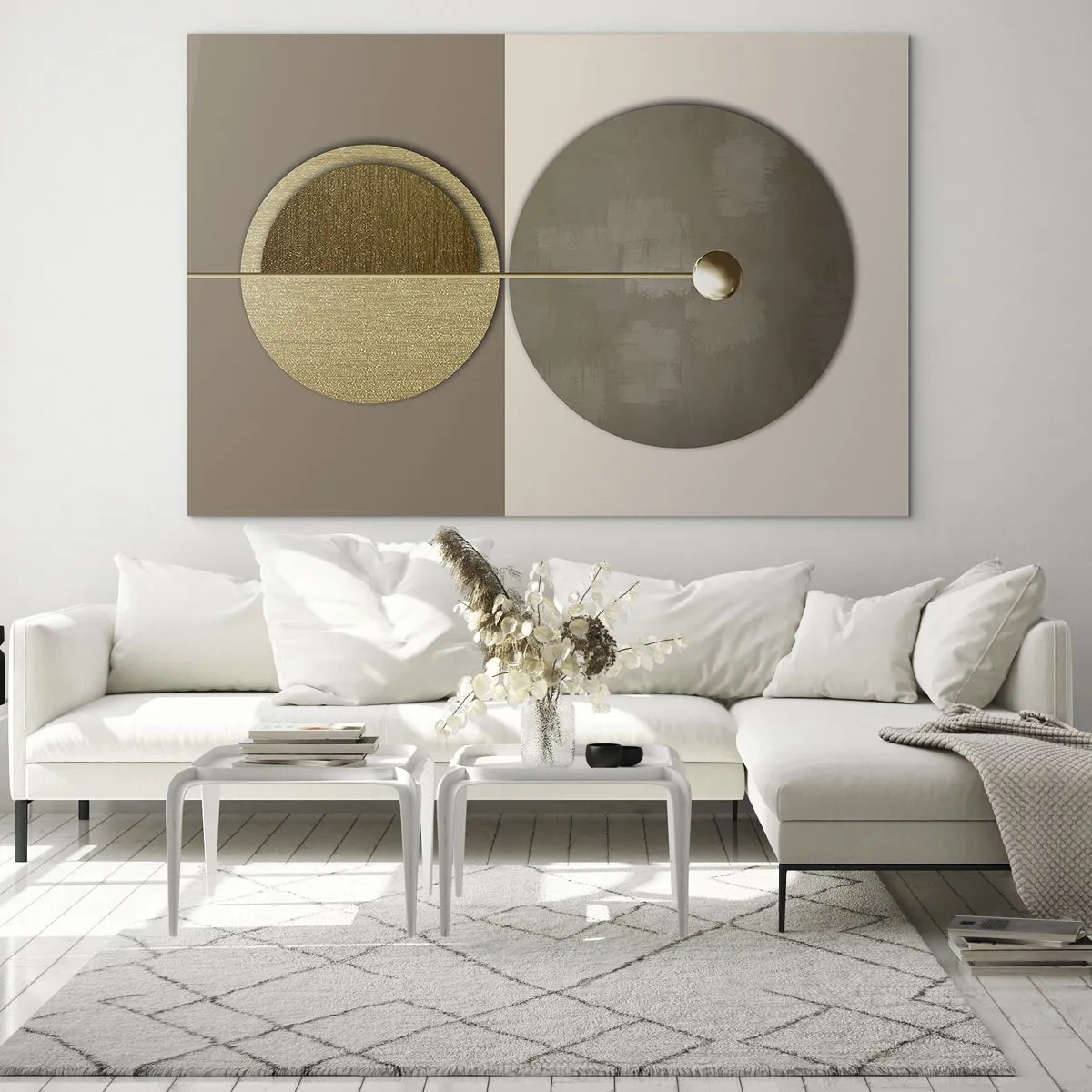 Quadro su vetro - Cerchi e linee dorate in una composizione armoniosa - 70x50cm - Equilibrio perfetto - Decorazione murale moderna per soggiorno e camera da letto ARTTOR