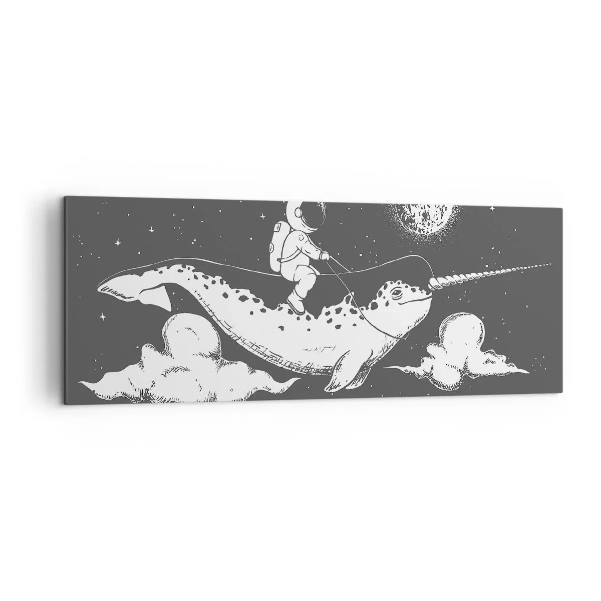 Quadro su tela - Stampe su Tela - Un astronauta sul dorso di un narvalo che fluttua in una scena spaziale. - 140x50cm - Il cavaliere dello spazio - Decorazione murale moderna per soggiorno e camera da letto ARTTOR