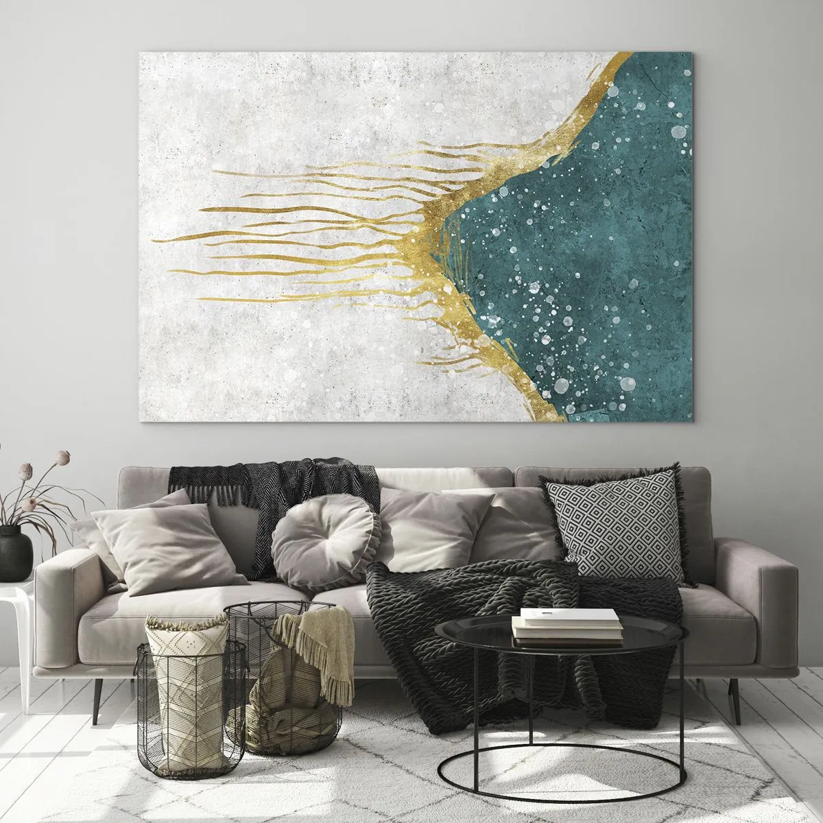 Quadro su vetro - Motivo astratto dorato su sfondo turchese e bianco - 100x70cm - Flusso dorato - Decorazione murale moderna per soggiorno e camera da letto ARTTOR