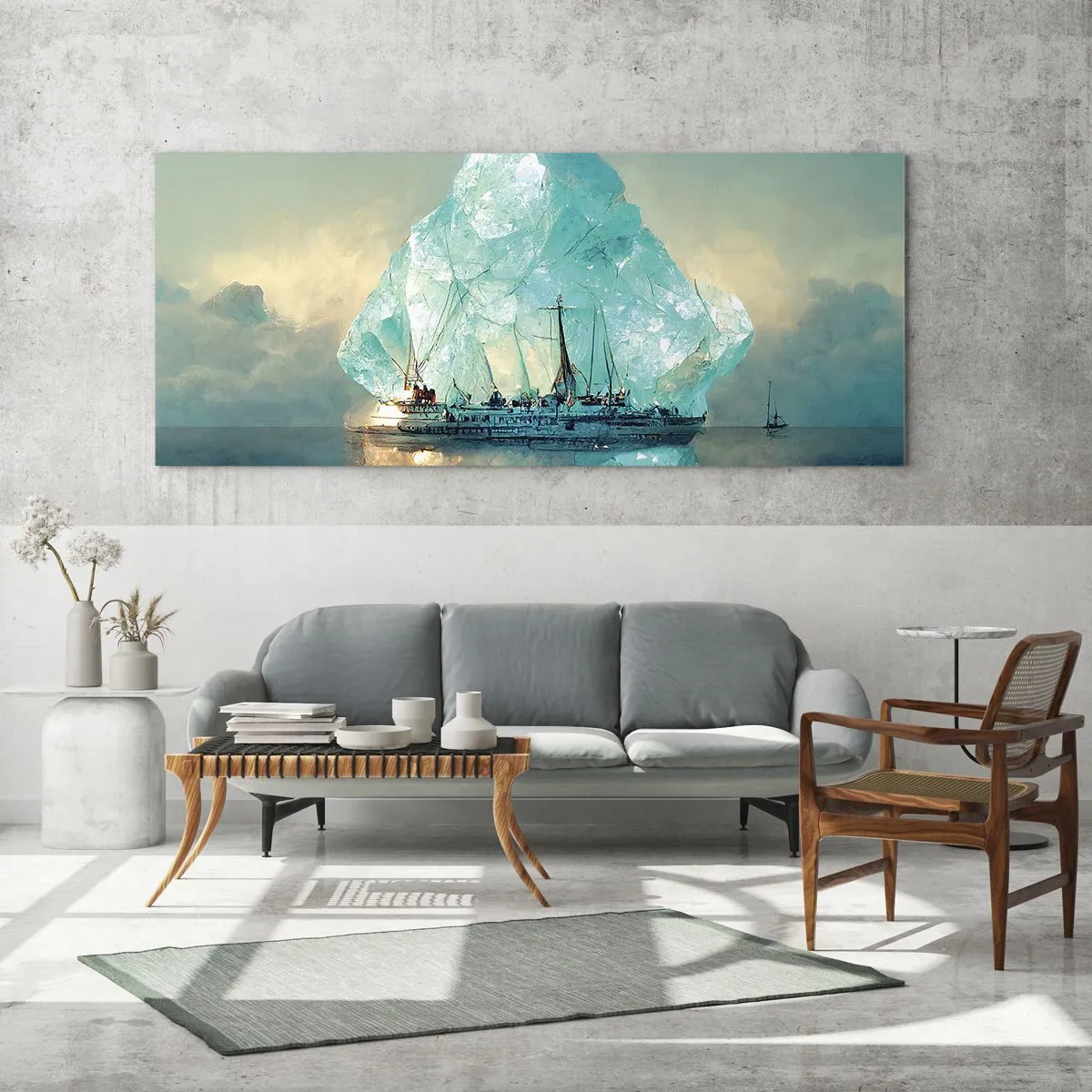 Quadro su vetro - Una nave con un maestoso iceberg sullo sfondo - 160x50cm - Brillante artico - Decorazione murale moderna per soggiorno e camera da letto ARTTOR
