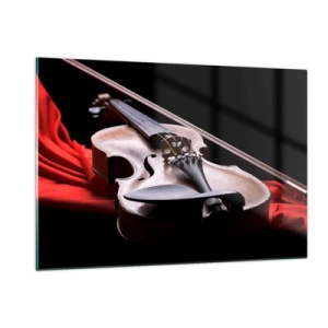 Quadro su vetro - Violino su tessuto rosso su sfondo nero - 120x80cm - La musica dei sentimenti - Decorazione murale moderna per soggiorno e camera da letto ARTTOR