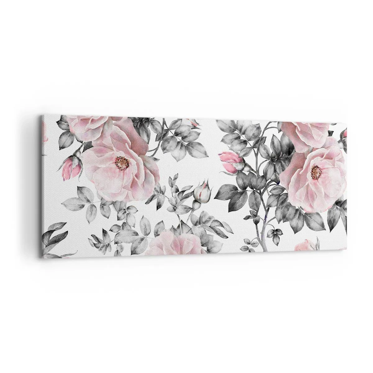 Quadro su tela - Stampe su Tela - Rose rosa e foglie su un delicato sfondo bianco e nero - 120x50cm - Perdersi tra le rose - Decorazione murale moderna per soggiorno e camera da letto ARTTOR