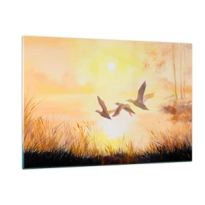 Quadro su vetro - Tre anatre che volano sopra un lago all'alba - 120x80cm - L'inizio di un lungo viaggio - Decorazione murale moderna per soggiorno e camera da letto ARTTOR