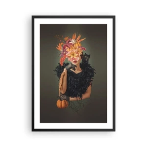 Poster in cornice nera - Ritratto artistico di una donna con fiori, una zucca e un gatto nero. - 50x70cm - L'incantesimo della strega - Decorazione murale moderna per soggiorno e camera da letto ARTTOR