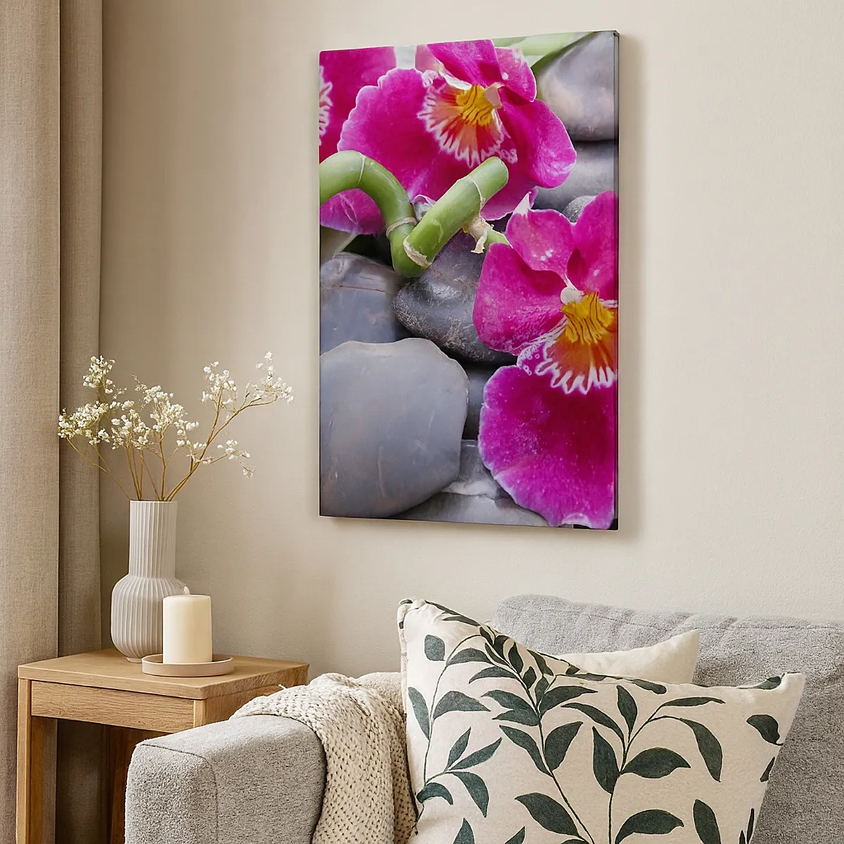 Quadro su tela - Stampe su Tela - Orchidee rosa su uno sfondo di pietre lisce - 50x70cm - Fresco e calore - Decorazione murale moderna per soggiorno e camera da letto ARTTOR