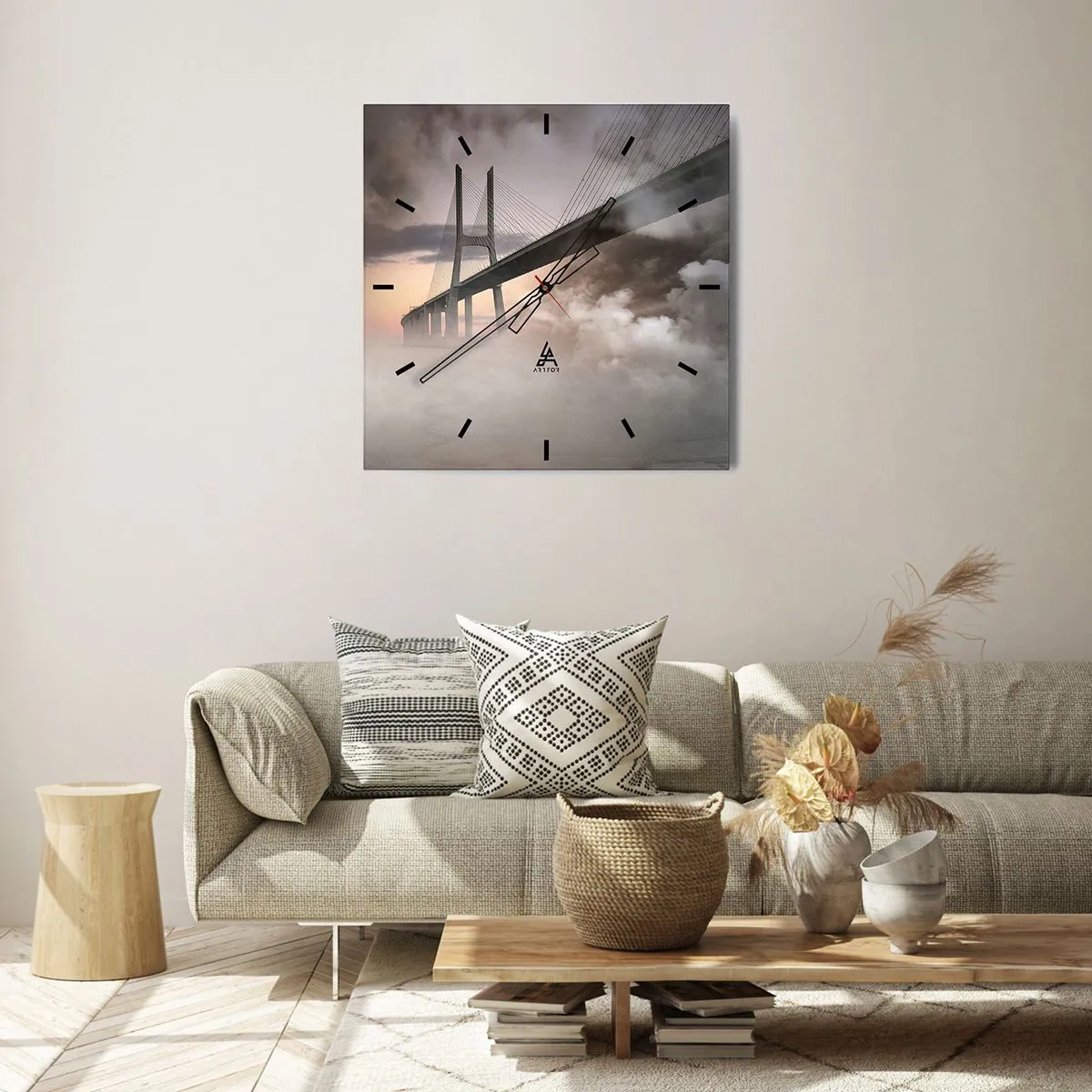 Orologio da parete - Orologio in Vetro - Un ponte sopra un fiume circondato dalla nebbia al mattino - 30x30cm - Sul fiume che non c'è - Decorazione murale moderna per soggiorno e camera da letto ARTTOR