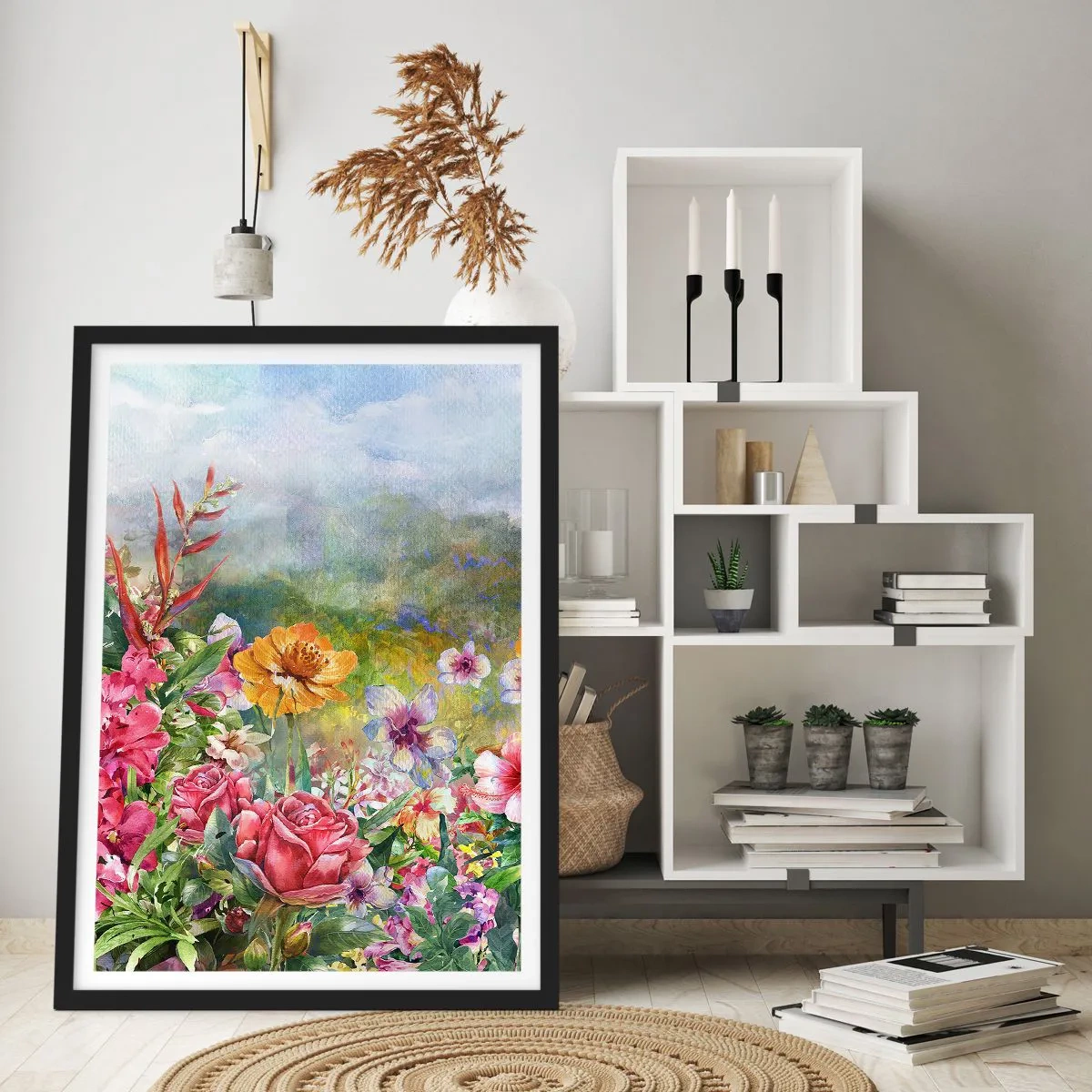 Poster in cornice nera - Un campo di fiori in una giornata di sole - 50x70cm - Il giardino impazzito - Decorazione murale moderna per soggiorno e camera da letto ARTTOR