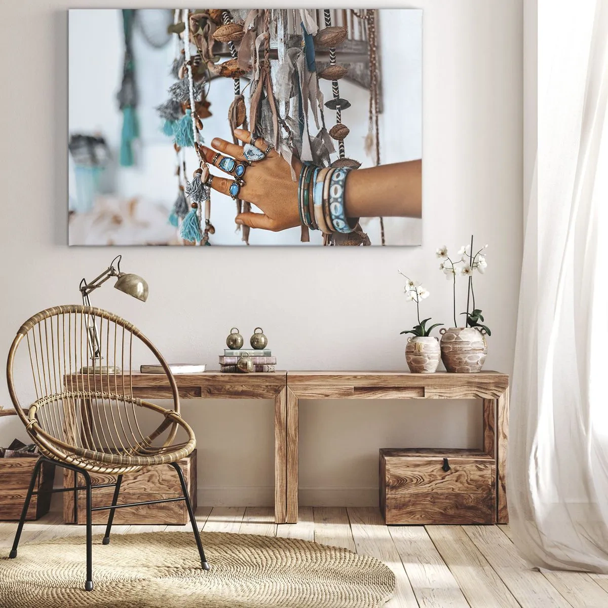 Quadro su tela - Stampe su Tela - Una mano adornata con gioielli boho con decorazioni sullo sfondo - 120x80cm - Tesori locali - Decorazione murale moderna per soggiorno e camera da letto ARTTOR