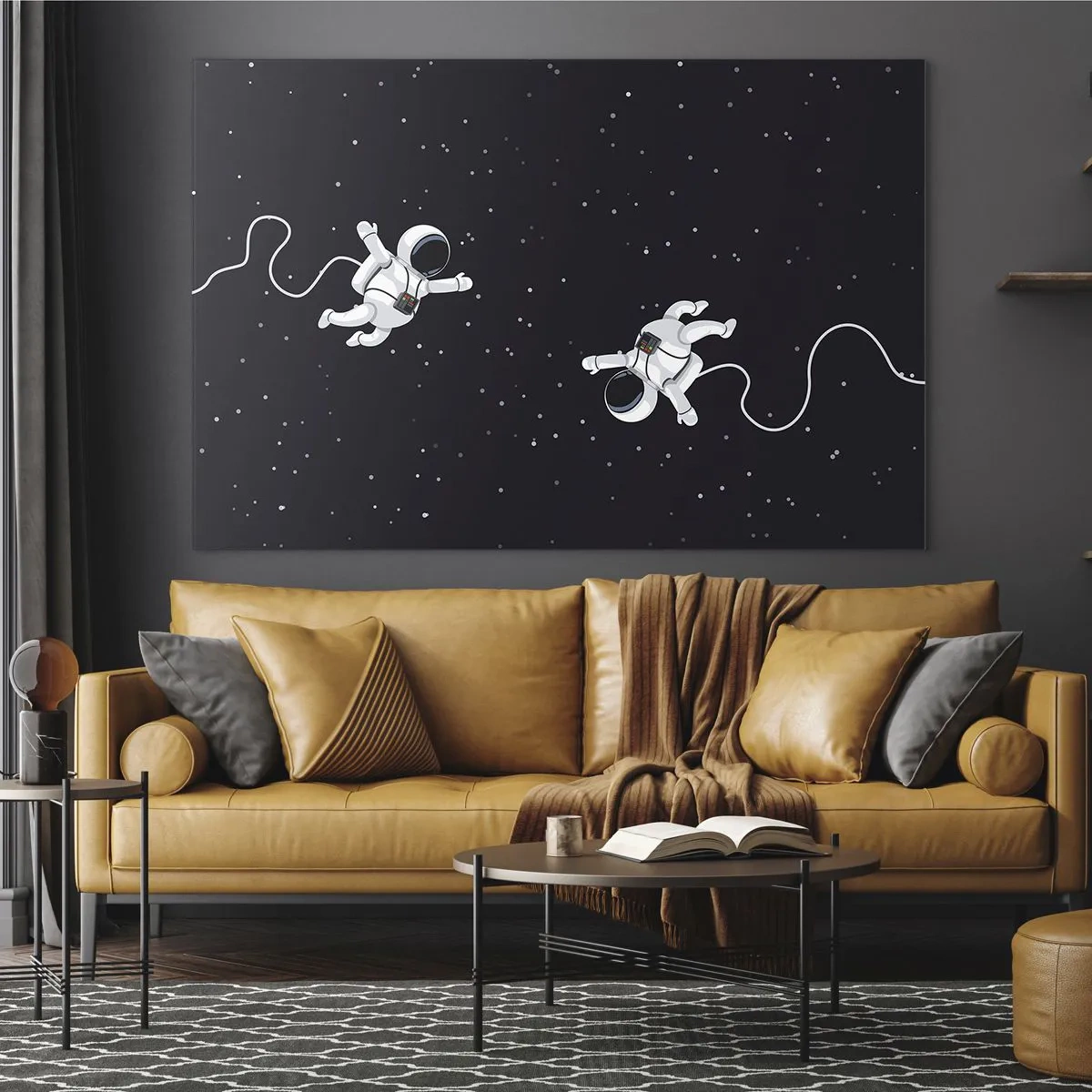 Quadro su vetro - Due astronauti che fluttuano nello spazio - 70x50cm - Danza cosmica - Decorazione murale moderna per soggiorno e camera da letto ARTTOR