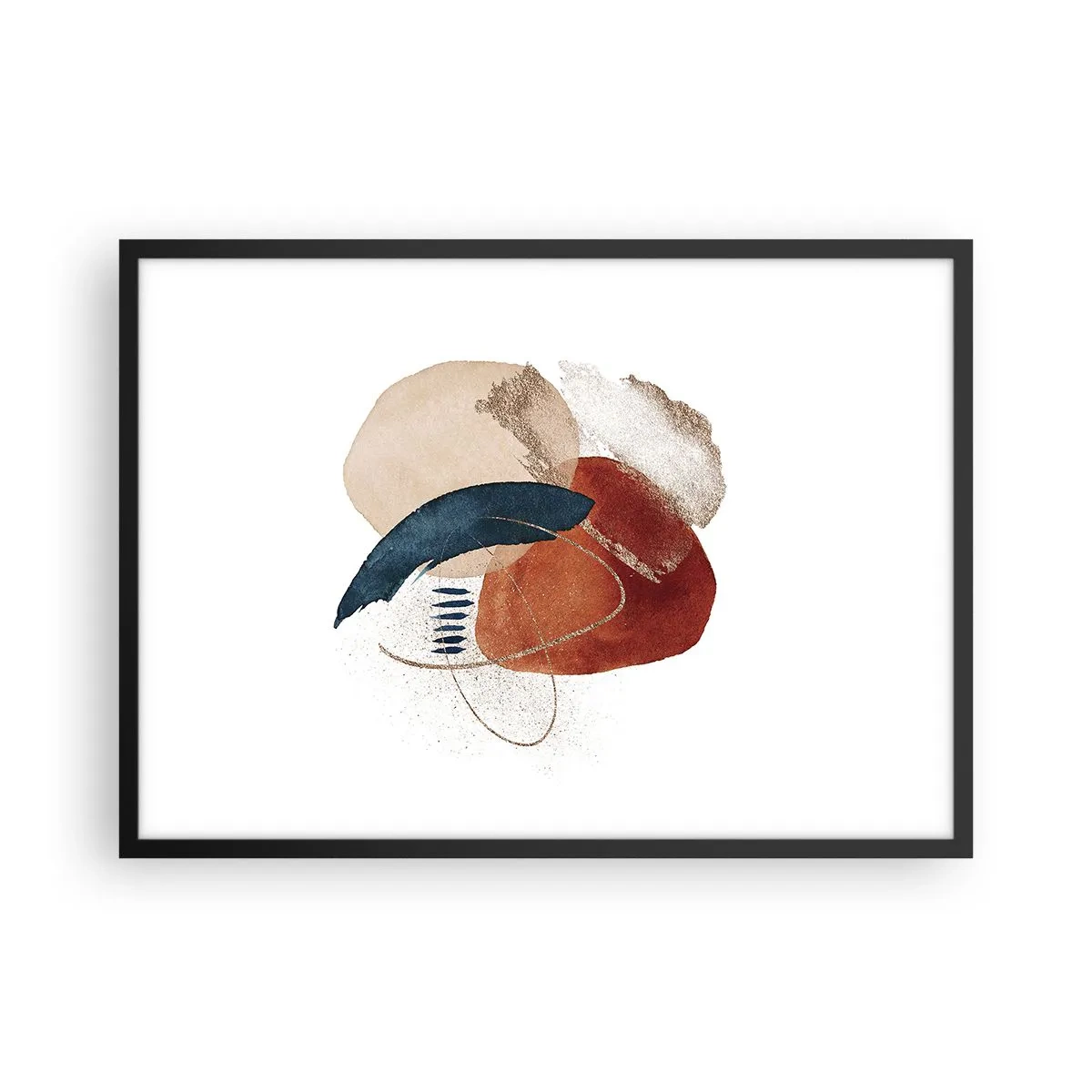 Poster in cornice nera - Una composizione astratta con macchie nelle tonalità della terra e del blu navy. - 70x50cm - Composizione ovale - Decorazione murale moderna per soggiorno e camera da letto ARTTOR