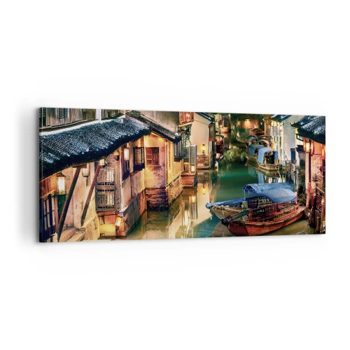 Quadro su tela - Stampe su Tela - Vista notturna dei canali con barche e case tradizionali - 120x50cm - Sera in una via cinese - Decorazione murale moderna per soggiorno e camera da letto ARTTOR