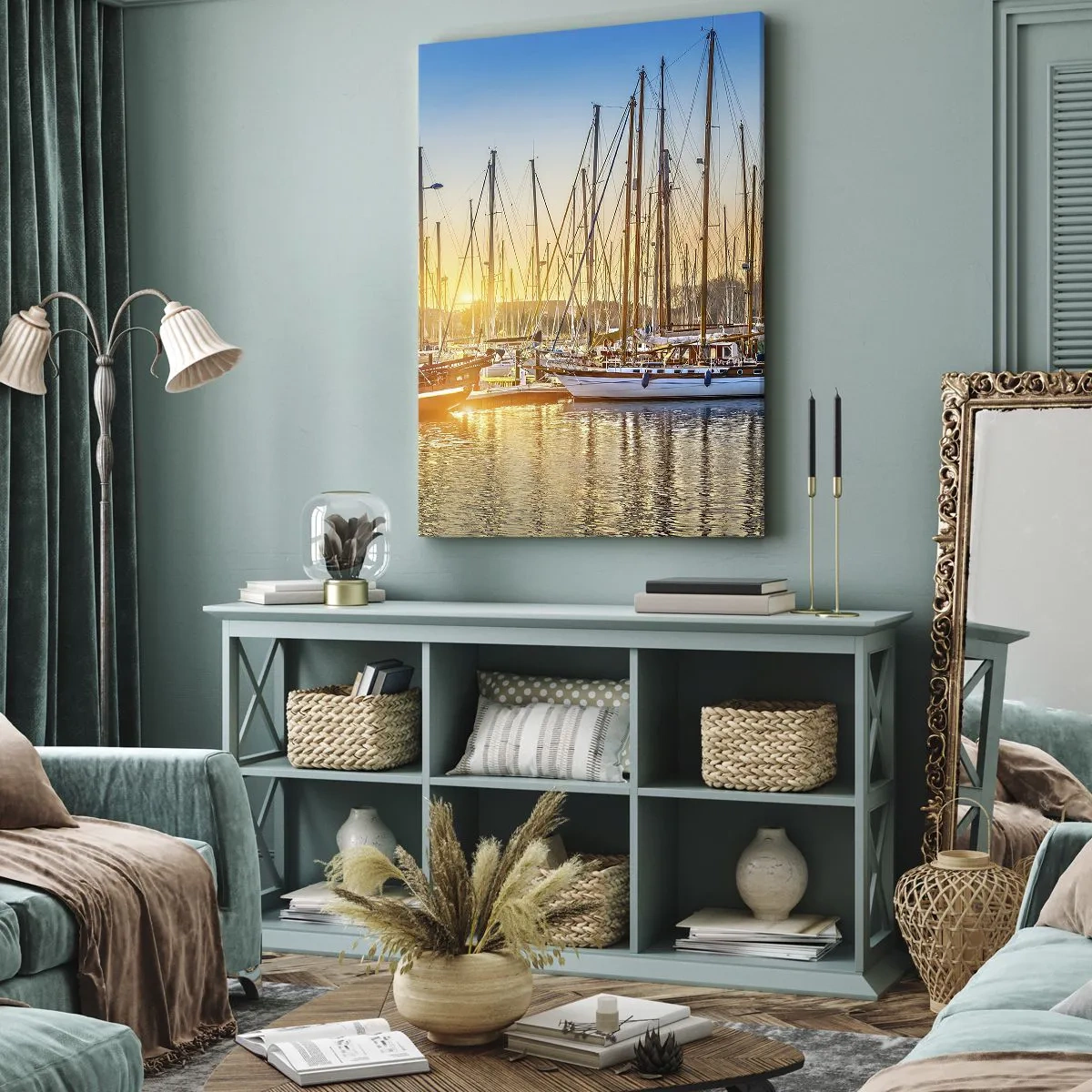 Quadro su tela - Stampe su Tela - Tramonto su un porto turistico pieno di barche a vela - 70x100cm - Anche il vento va a dormire - Decorazione murale moderna per soggiorno e camera da letto ARTTOR
