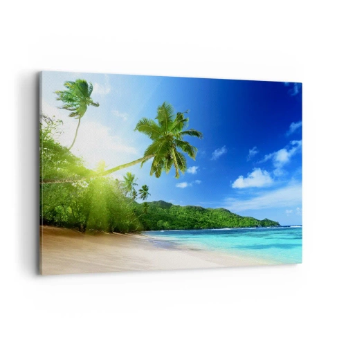 Quadro su tela - Stampe su Tela - Spiaggia tropicale con palme e mare turchese - 100x70cm - Il lieve tocco dei tropici - Decorazione murale moderna per soggiorno e camera da letto ARTTOR