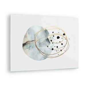 Quadro su vetro - Composizione astratta con una macchia blu e linee dorate - 70x50cm - Nell'abbraccio dello spazio - Decorazione murale moderna per soggiorno e camera da letto ARTTOR