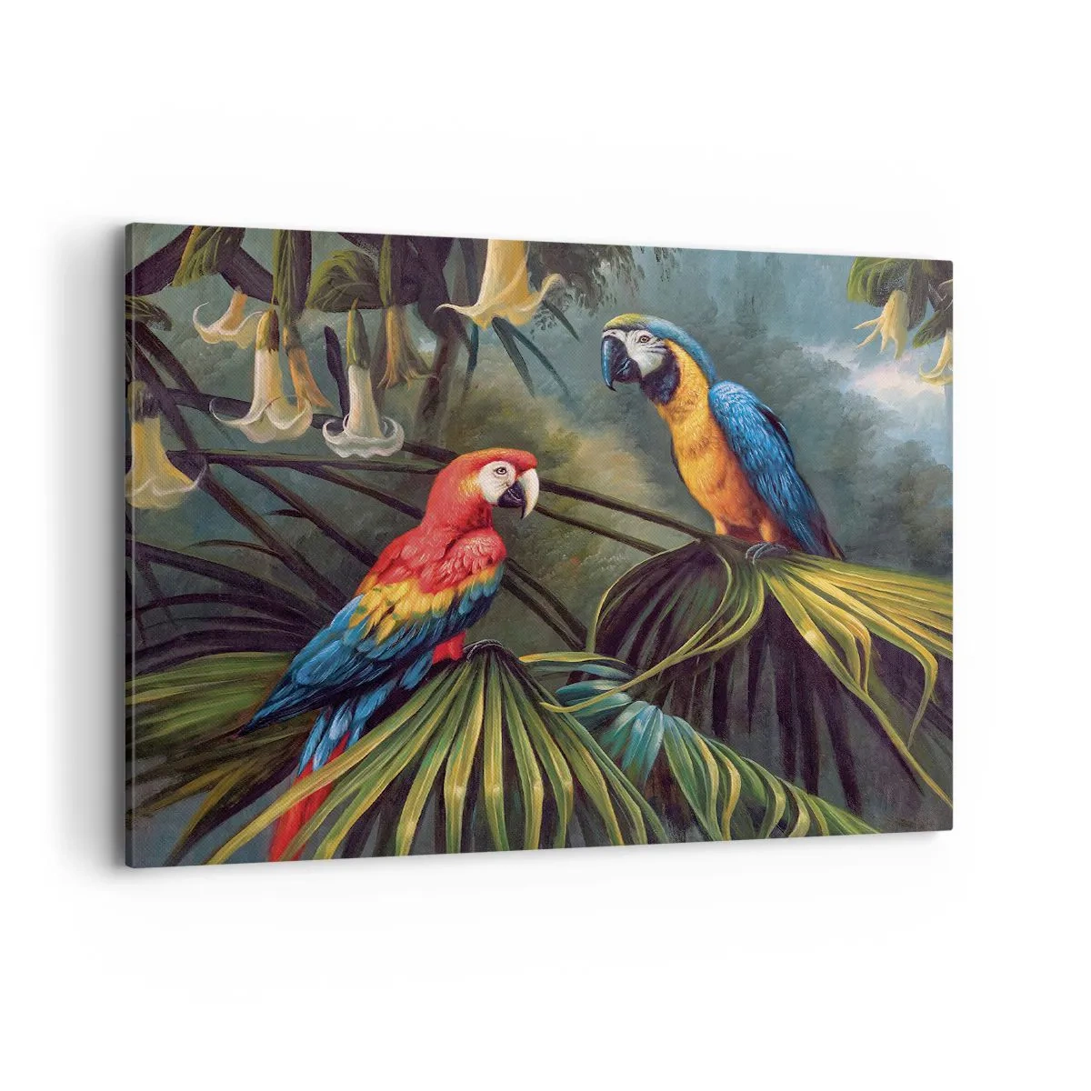 Quadro su tela - Stampe su Tela - Pappagalli in una foresta tropicale con fiori esotici sullo sfondo - 100x70cm - Romanticità ai tropici - Decorazione murale moderna per soggiorno e camera da letto ARTTOR