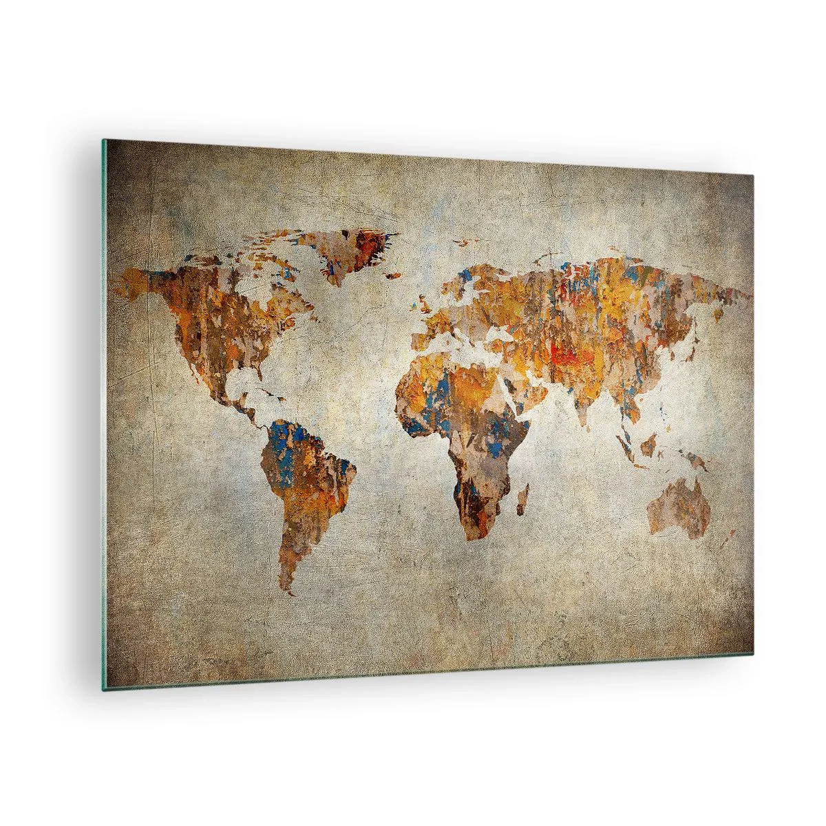 Quadro su vetro - Mappa del mondo artistica in tonalità calde - 70x50cm - Veramente un grande mondo - Decorazione murale moderna per soggiorno e camera da letto ARTTOR