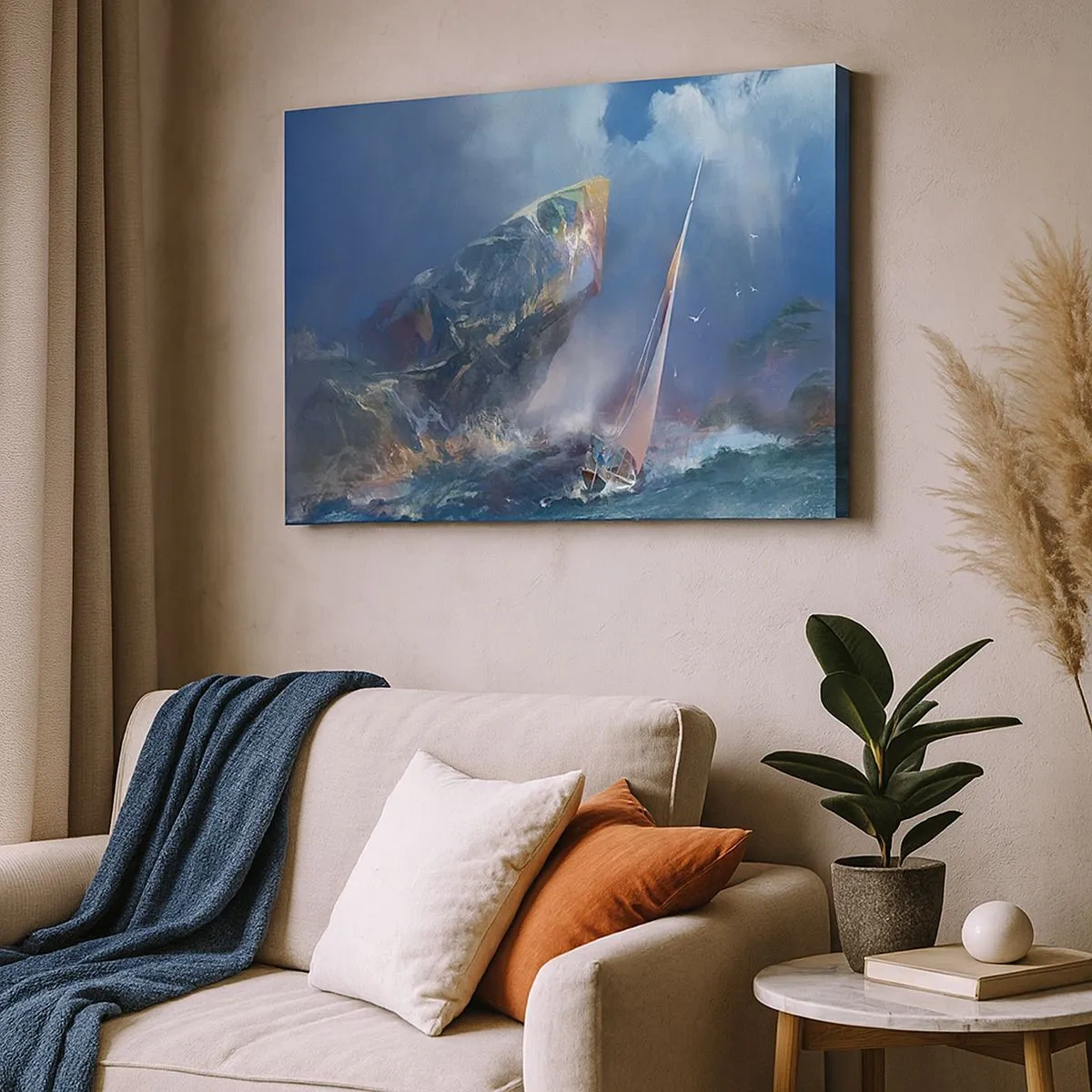 Quadro su tela - Stampe su Tela - Una barca a vela in tempesta ai piedi di una roccia enorme - 70x50cm - Vince chi ha coraggio - Decorazione murale moderna per soggiorno e camera da letto ARTTOR