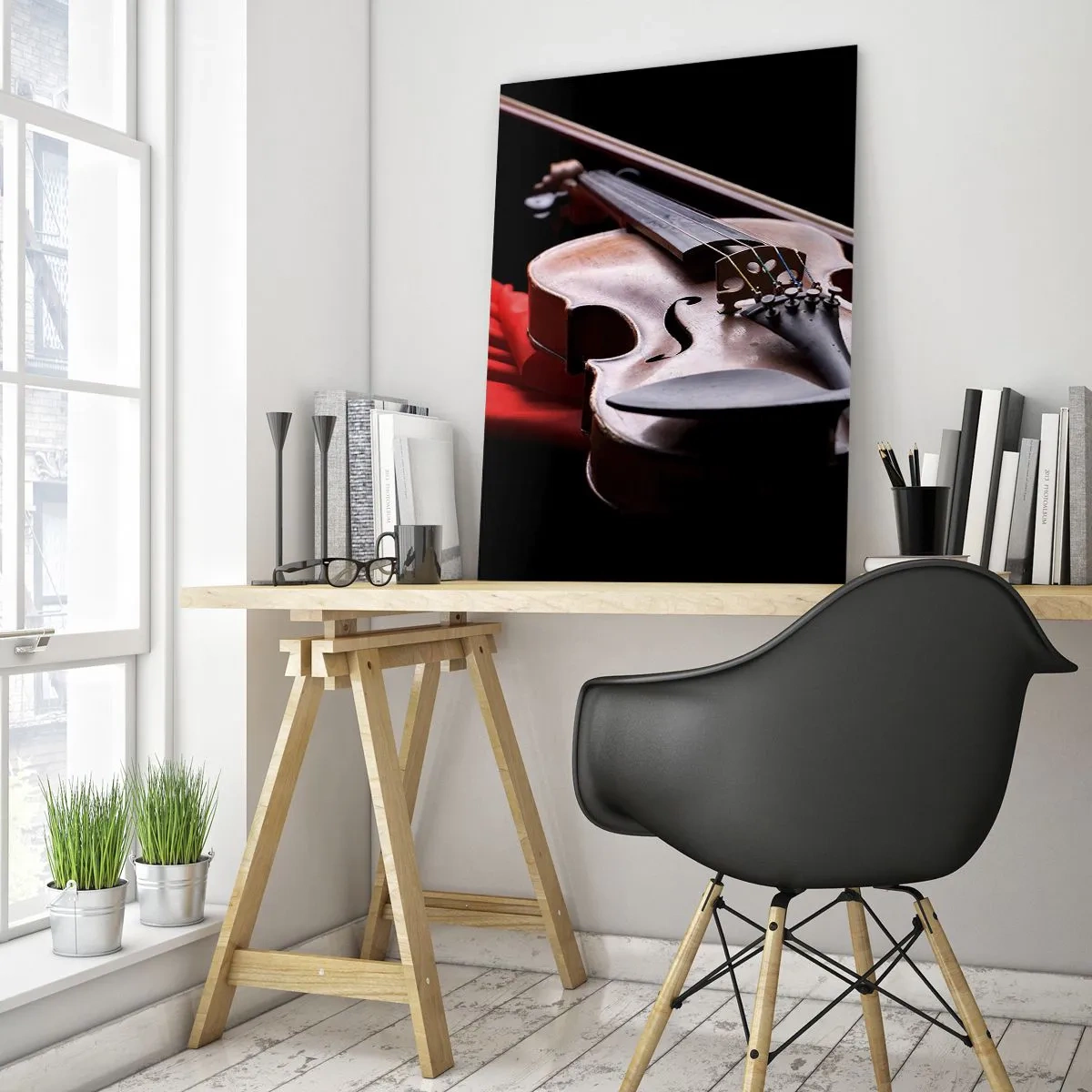 Quadro su vetro - Violino su tessuto rosso con sfondo nero - 80x120cm - La musica dei sentimenti - Decorazione murale moderna per soggiorno e camera da letto ARTTOR