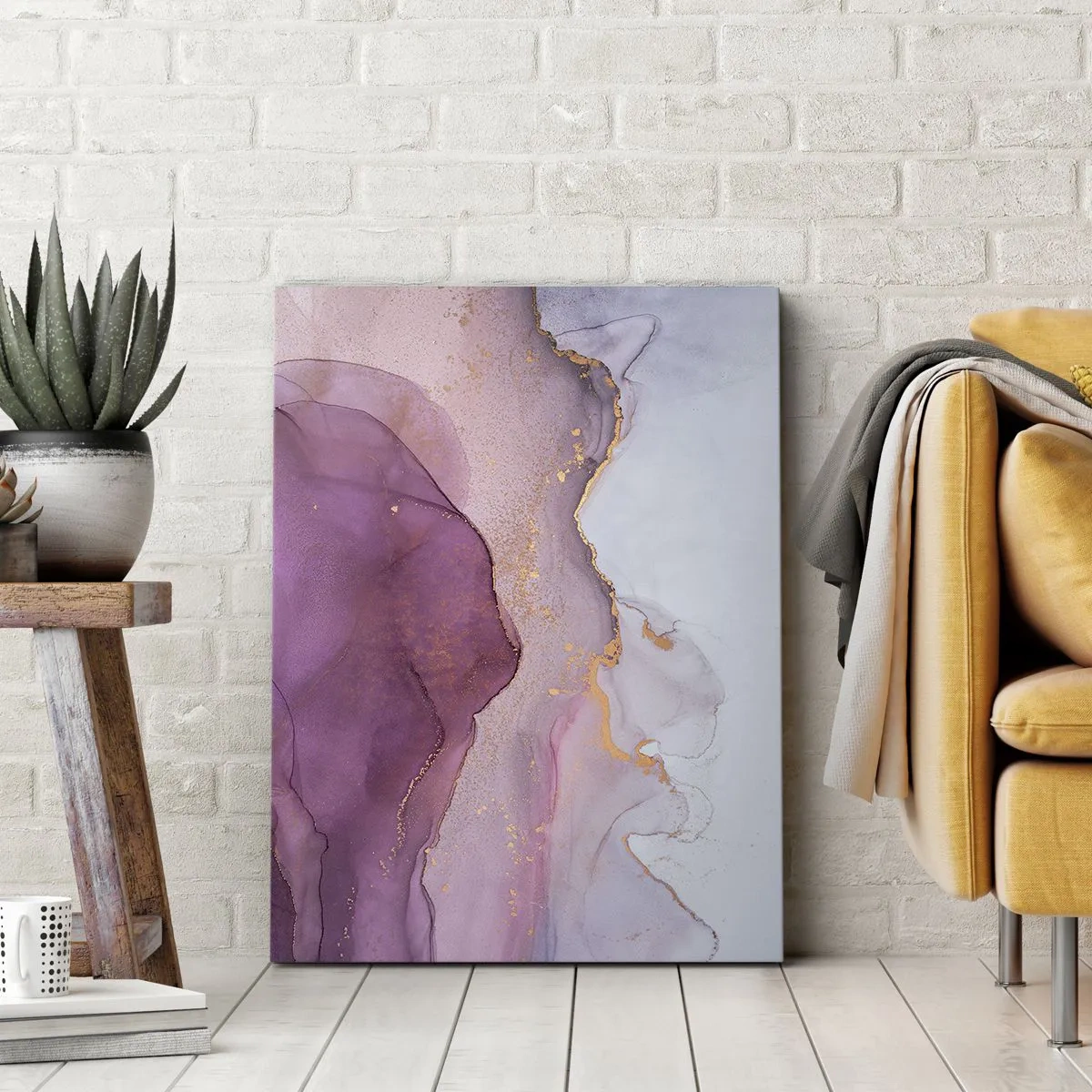 Quadro su tela - Stampe su Tela - Una composizione astratta nei toni del viola e dell'oro. - 50x70cm - Onde di lilla e viola - Decorazione murale moderna per soggiorno e camera da letto ARTTOR