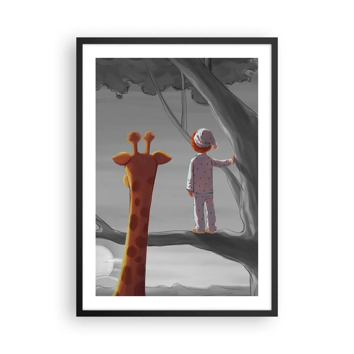 Poster in cornice nera - Un bambino in pigiama e una giraffa su un albero in un paesaggio grigio e arancione. - 50x70cm - Sta succedendo davvero - Decorazione murale moderna per soggiorno e camera da letto ARTTOR